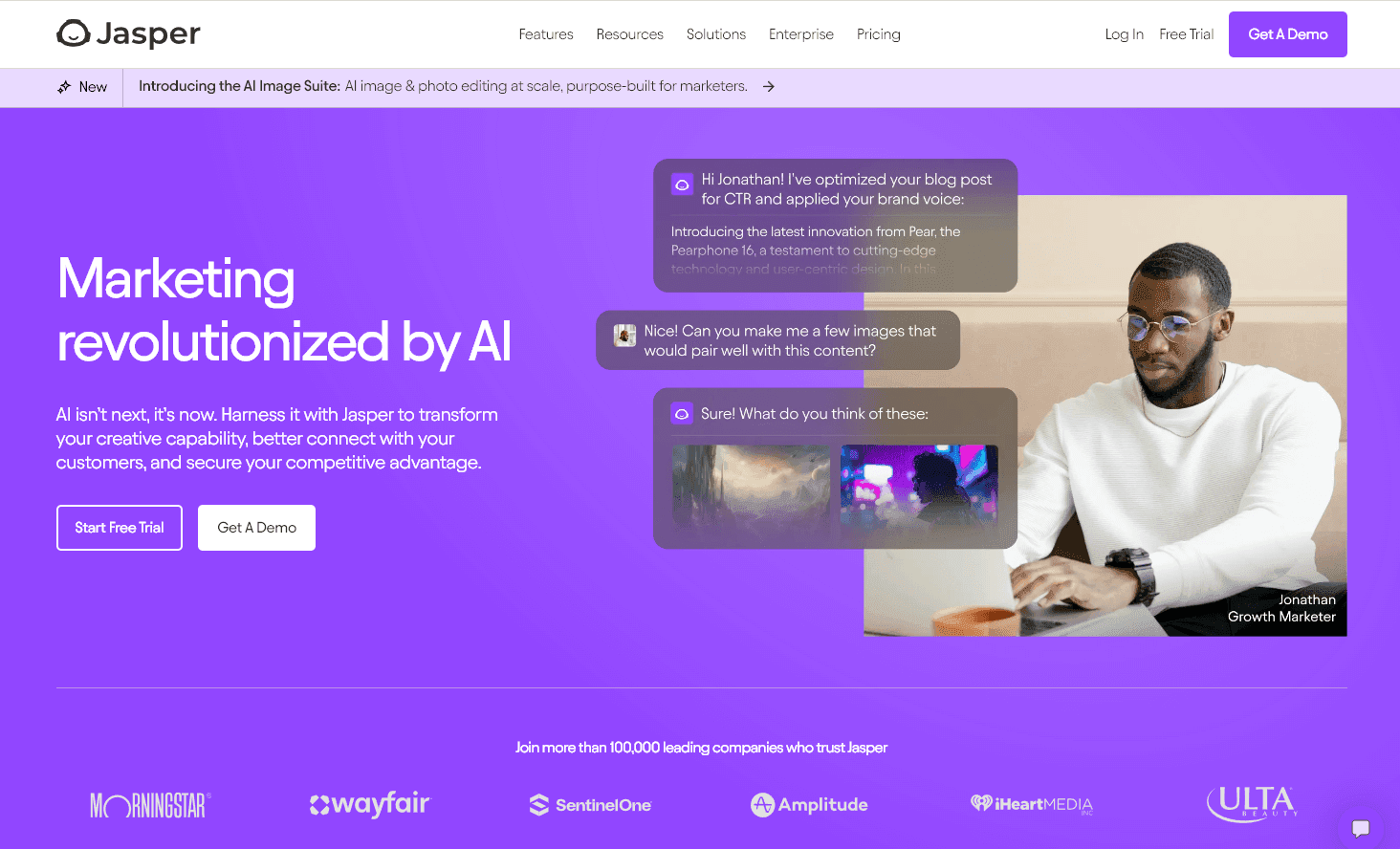 Homepage of the AI content creation tool Jasper