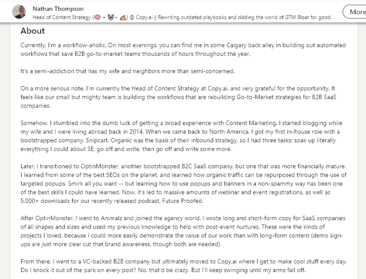Personal Bio Example from Nathan Thompson on LinkedIn