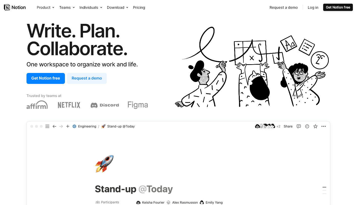 The Notion homepage for Notion AI productivity tool