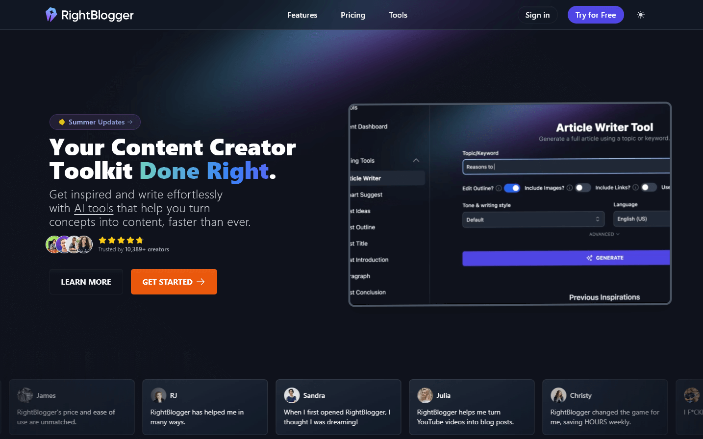 The RightBlogger homepage, showing the Article Writer AI content creation tool