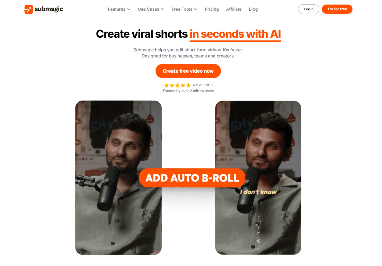 Homepage of the AI content creation tool Submagic