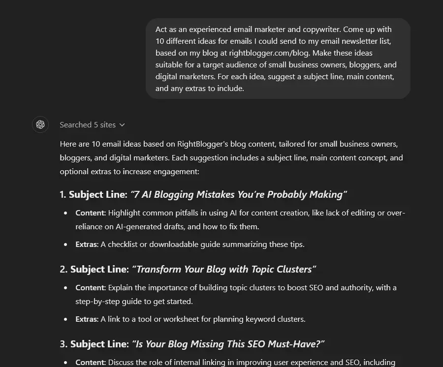 An example AI email prompt in ChatGPT to come up with ideas based on your blog content.