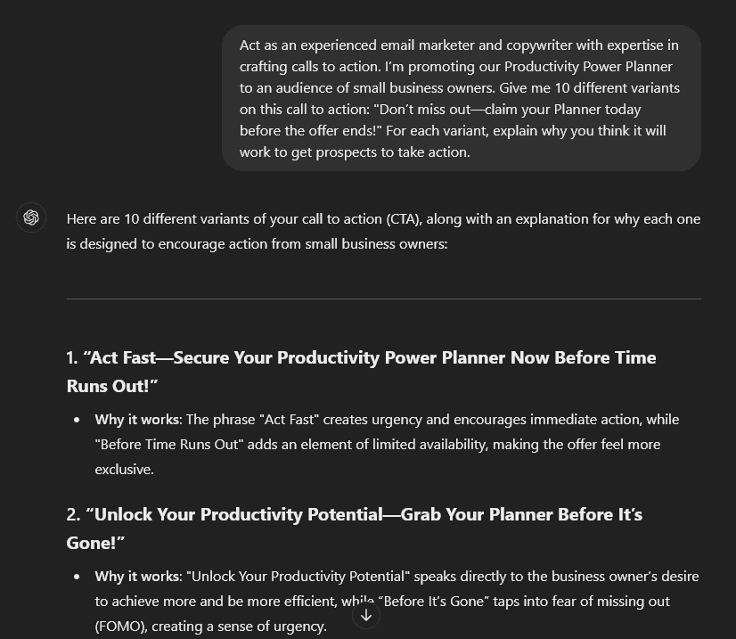 An example AI email prompt in ChatGPT to create CTA variations.