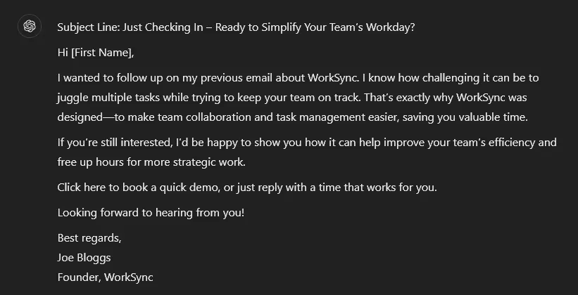 An example AI email prompt in ChatGPT to follow up on a cold email that went unanswered.