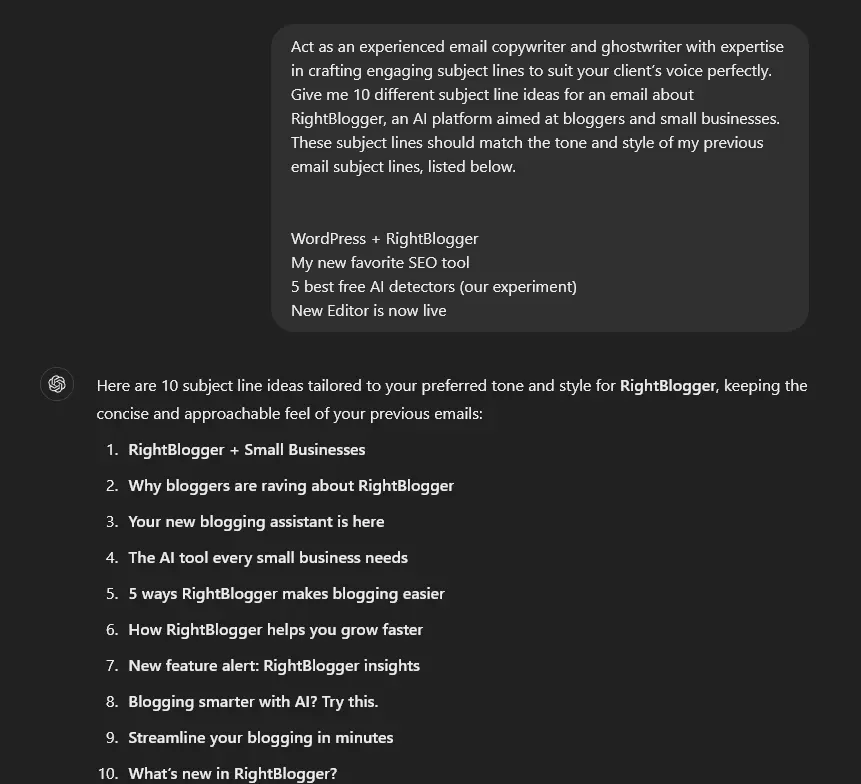 An example AI email prompt in ChatGPT to craft subject lines that fit your voice/brand, based on previous subject lines you've used.
