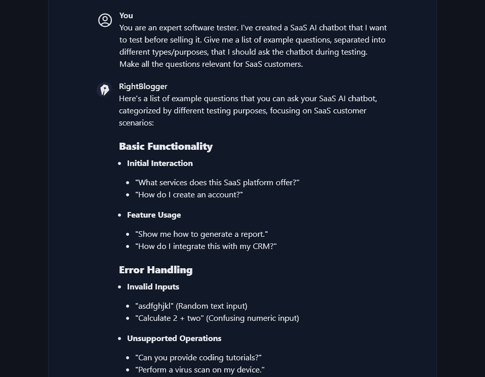 Using the RightBlogger chat to come up with a list of questions to use to test your AI chatbot