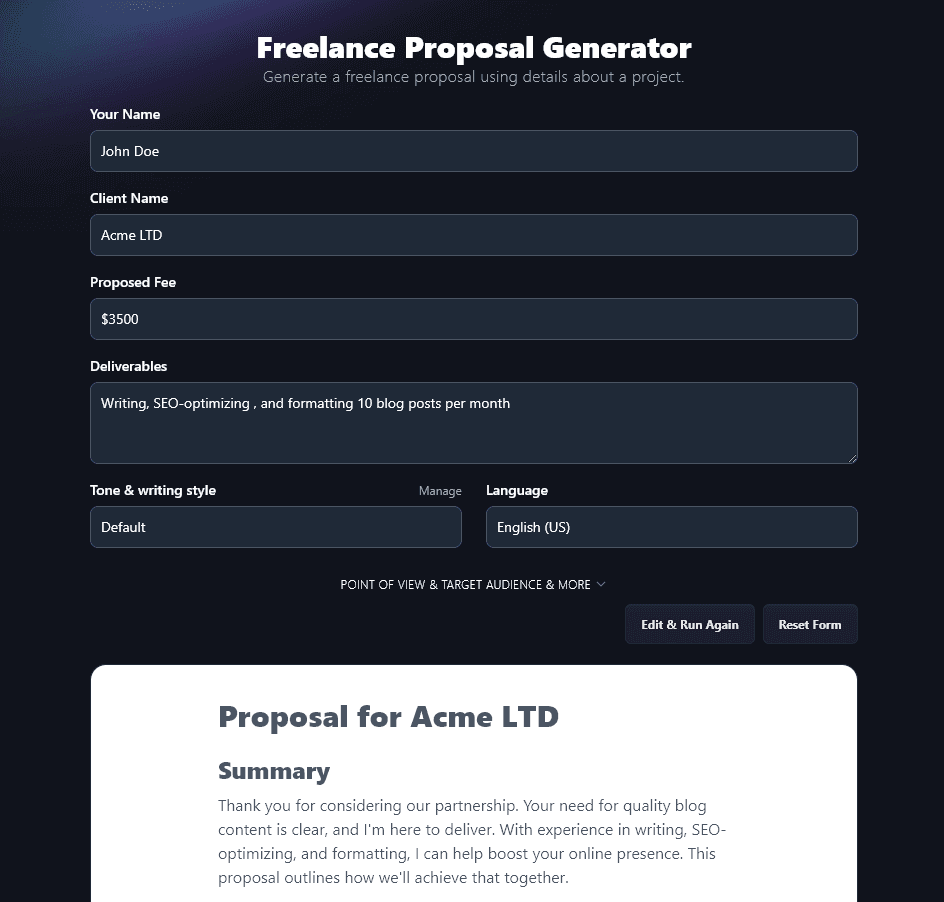 A freelance proposal created with RightBlogger's freelance proposal generator