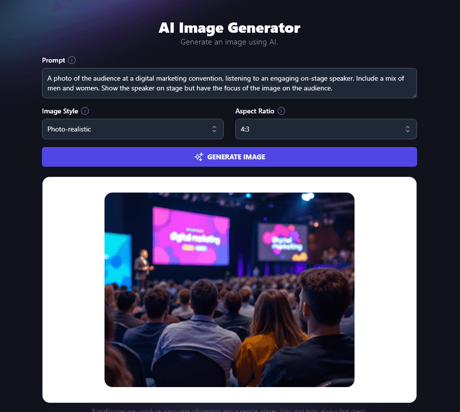RightBlogger's AI image generator, coming up with a photo-realistic image suitable for marketing materials or a blog post