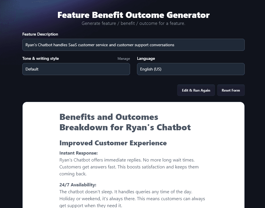 An example of a feature, benefit, outcome list to help you make money from AI with a chatbot