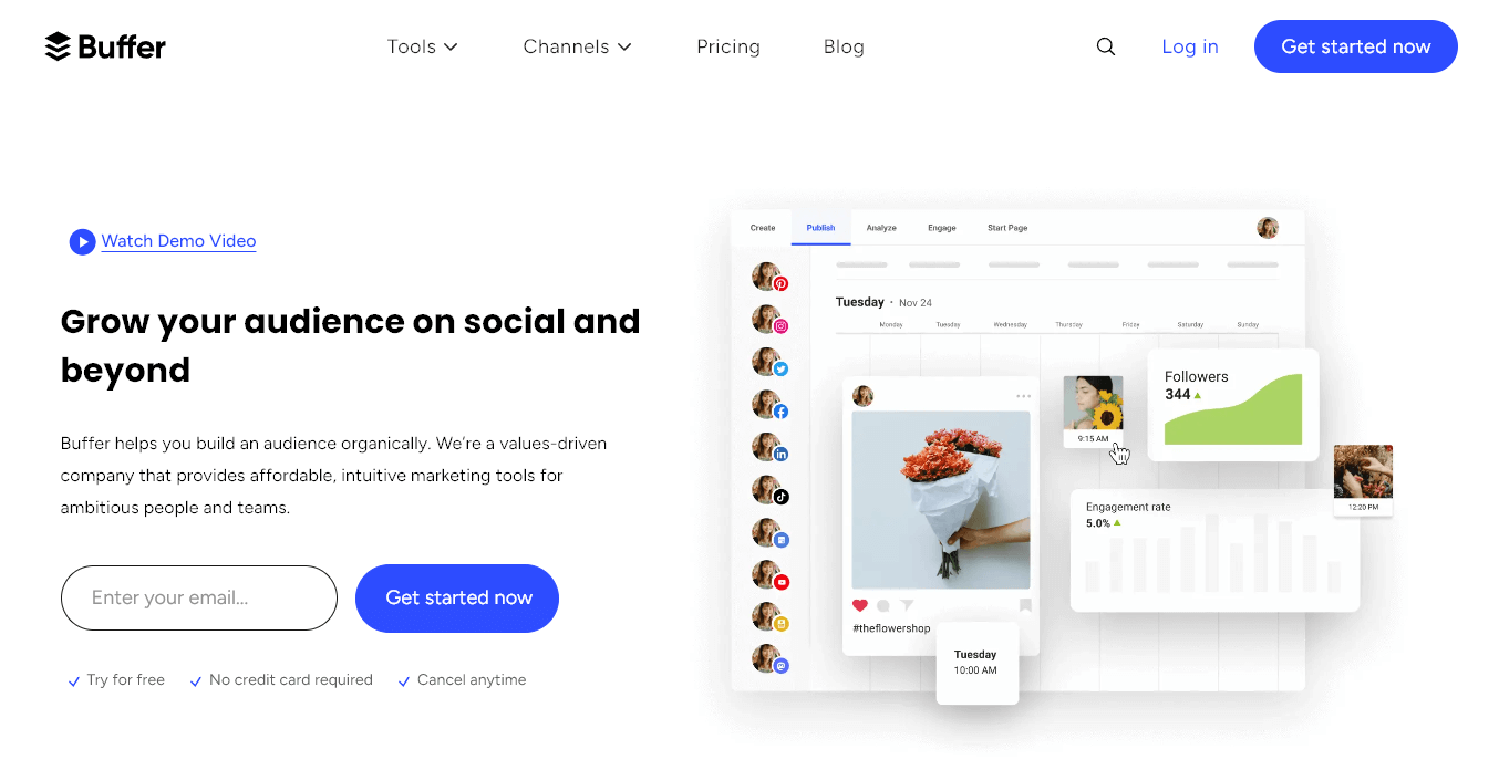 The Buffer home page: Buffer incorporates the AI productivity tool Buffer AI Assistant