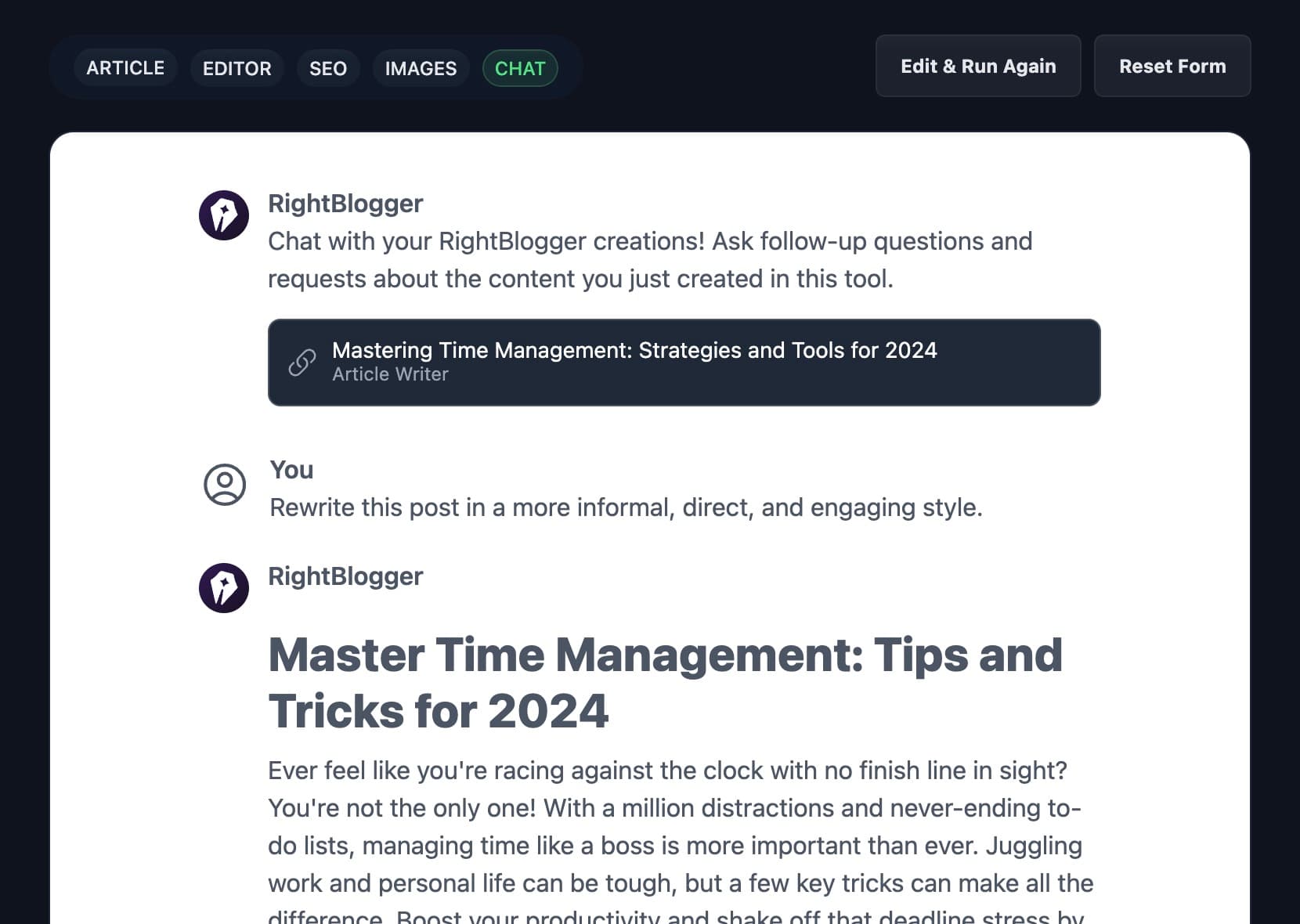 RightBlogger Chat Feature