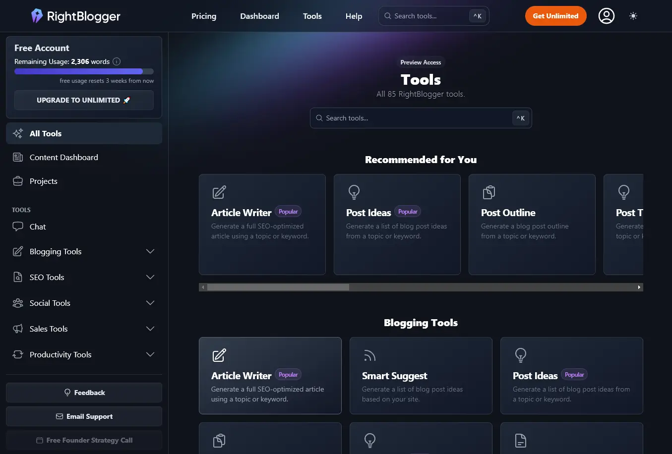 The RightBlogger Tools home page in a free account