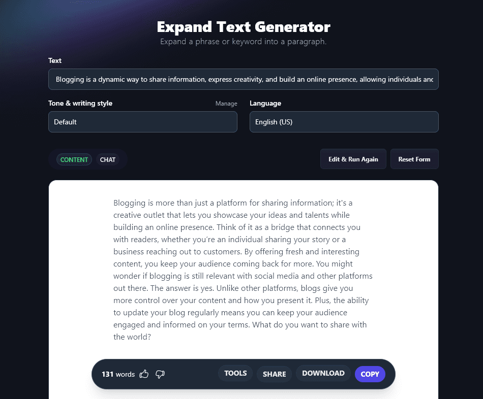 RightBlogger's Expand Tool that helps you improve content with AI