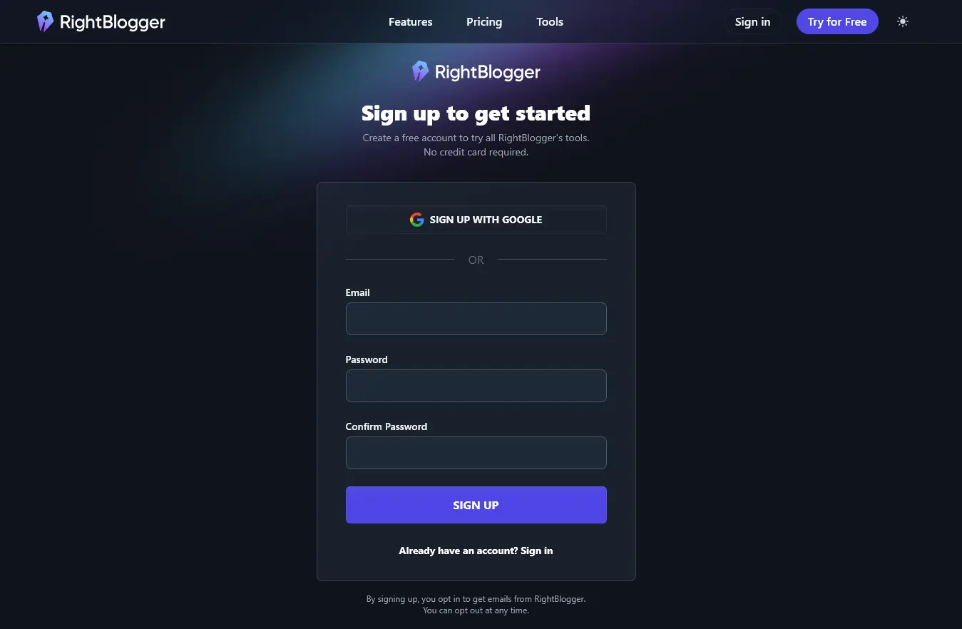 Signing up for a free RightBlogger account so you can access all our AI SEO tools 