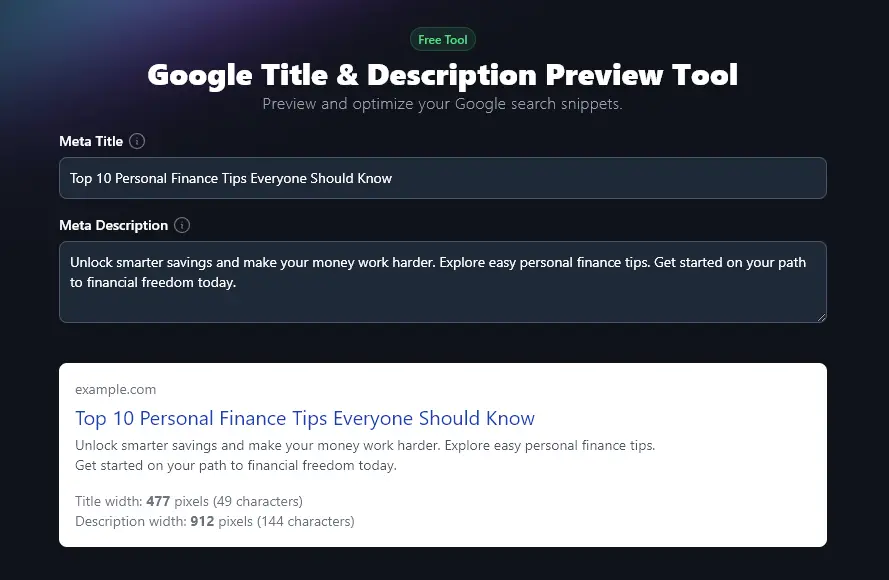 The Google Title & Description Preview tool: a RightBlogger on-page SEO AI tool