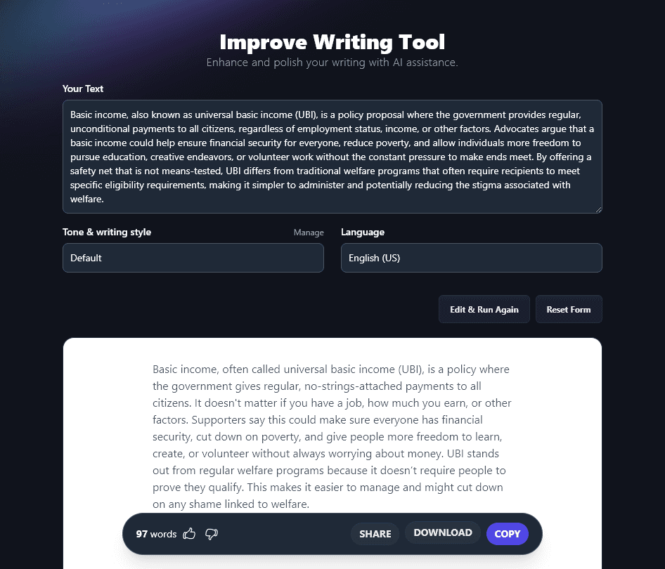 RightBlogger's Improve Writing Tool that helps you improve content with AI