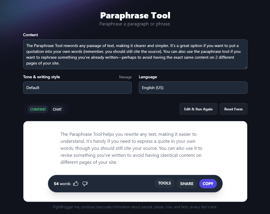 RightBlogger's Paraphrase Tool that helps you improve content with AI