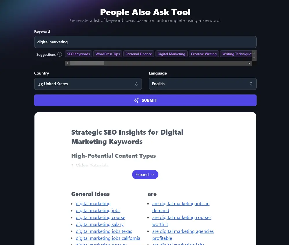 The People Also Ask tool: a RightBlogger on-page SEO AI tool