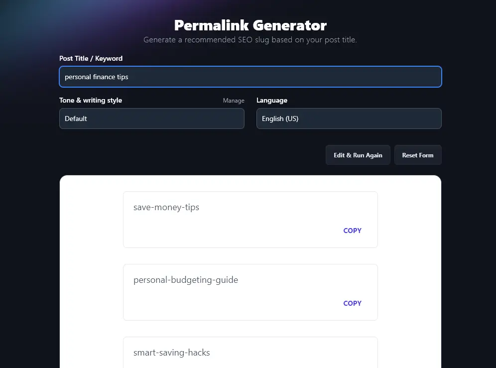 The Permalink tool: a RightBlogger on-page SEO AI tool