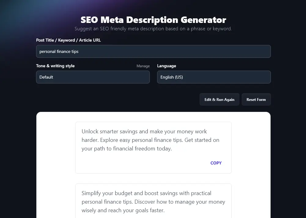 The Meta Description tool: a RightBlogger on-page SEO AI tool