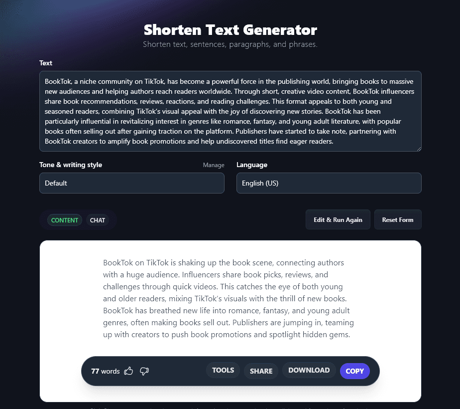 RightBlogger's Shorten Tool that helps you improve content with AI