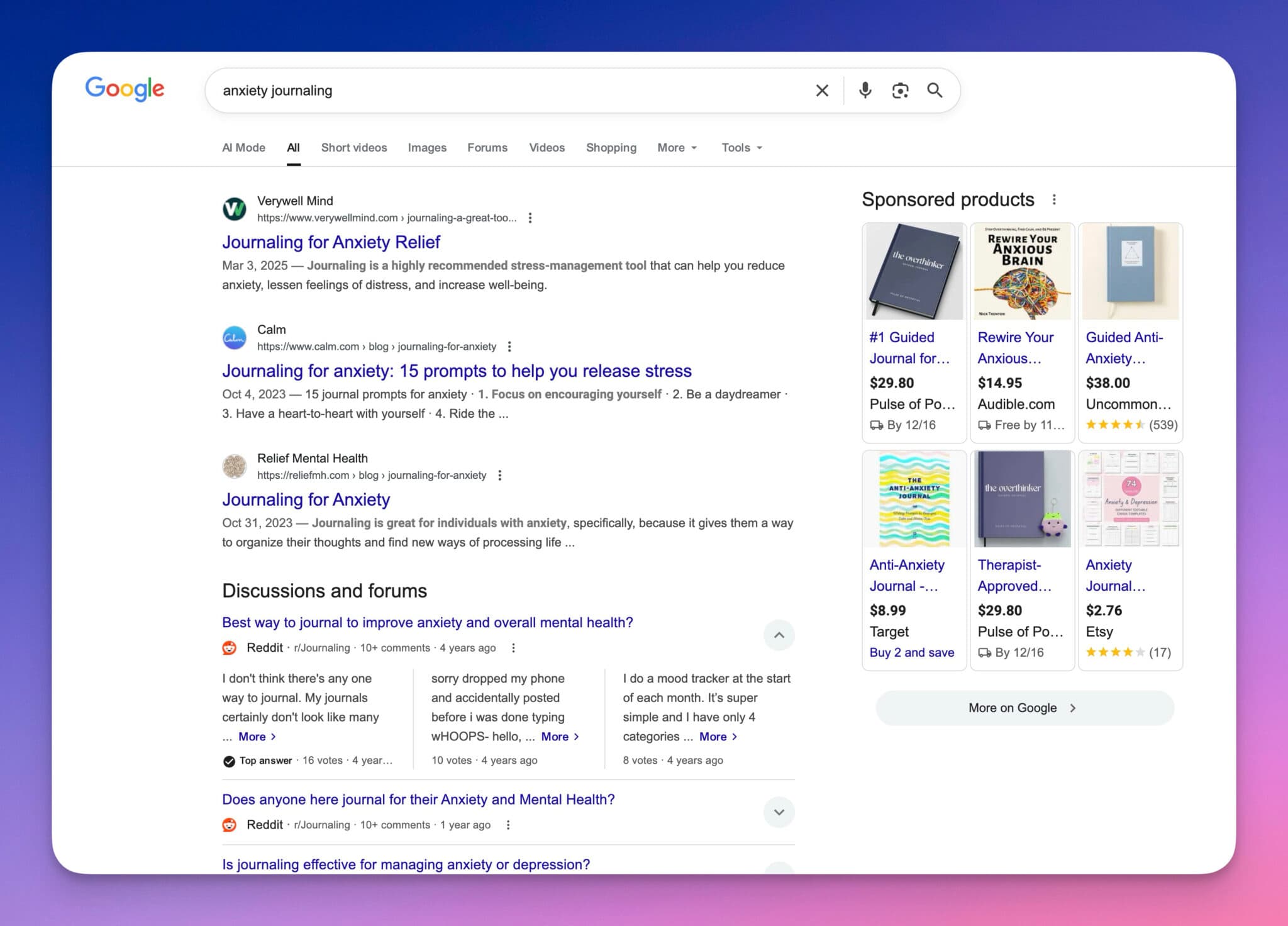 Anxiety Journaling search engine result page