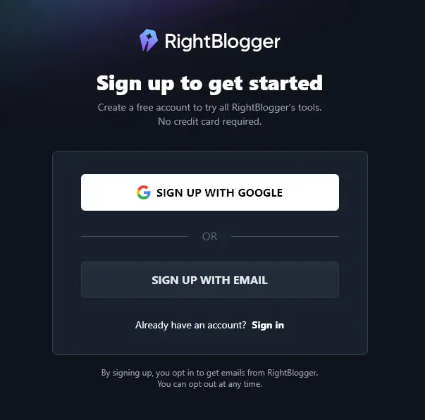 RightBlogger Free Account Sign Up Page