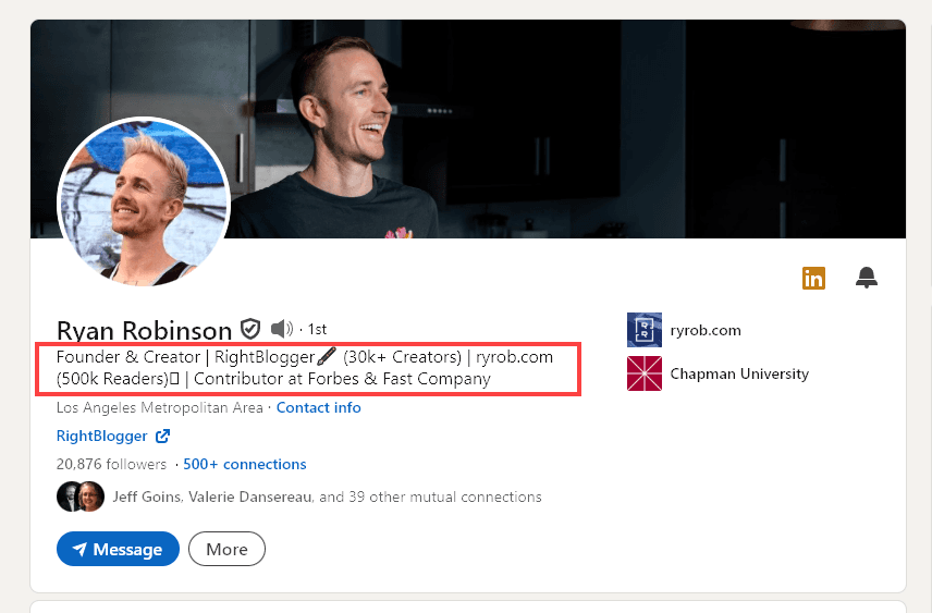 An Example of a LinkedIn Headline, From Ryan Robinson's LinkedIn Account