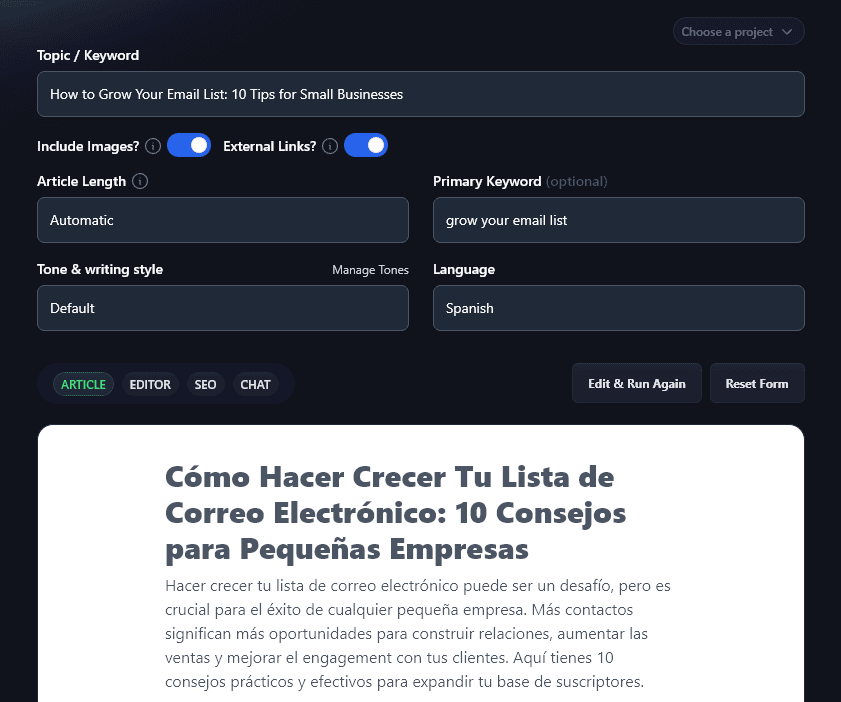 Generating a Listicle in Spanish Using the Listicle Writer Tool