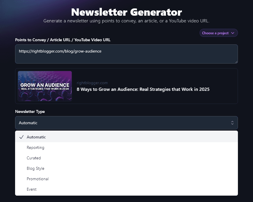 Selecting the Type of Newsletter to Create With the AI Newsletter Generator Tool