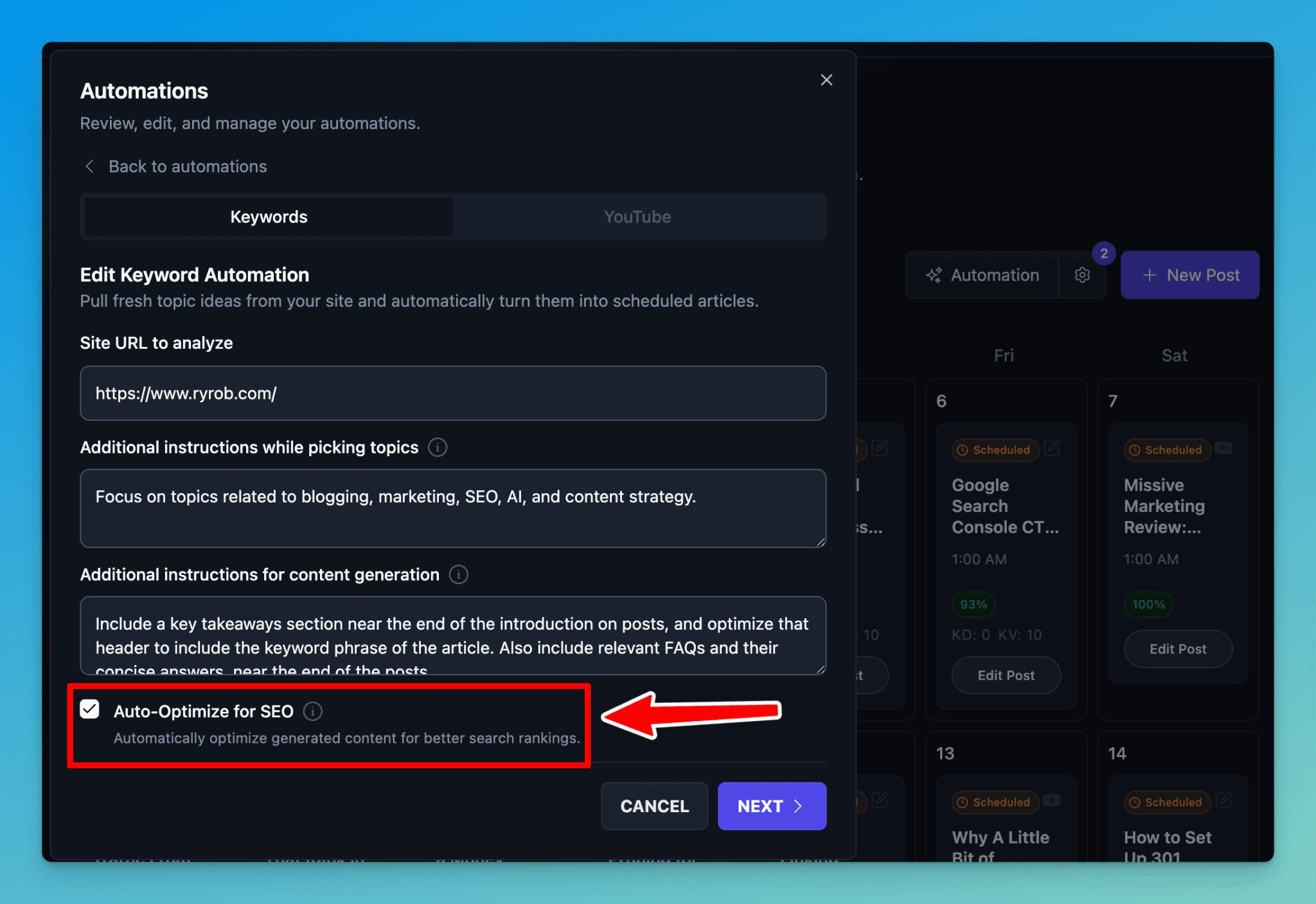 Turning on SEO Report Use for Automations in RightBlogger