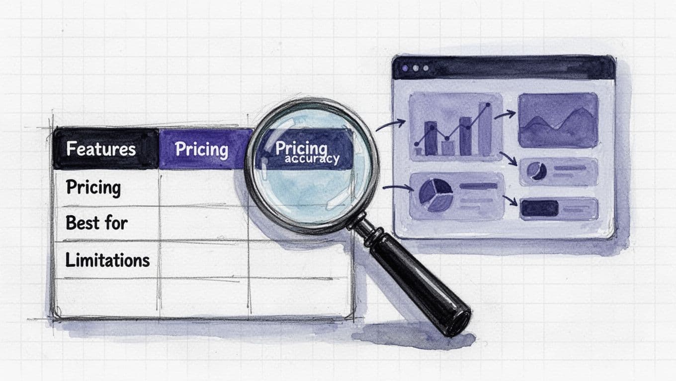 Hand-drawn sketchy ink and watercolor illustration of a comparison table with columns for Features, Pricing, Best for, and Limitations, featuring a magnifying glass highlighting 'Pricing accuracy' next to a generic software dashboard mockup with callouts.