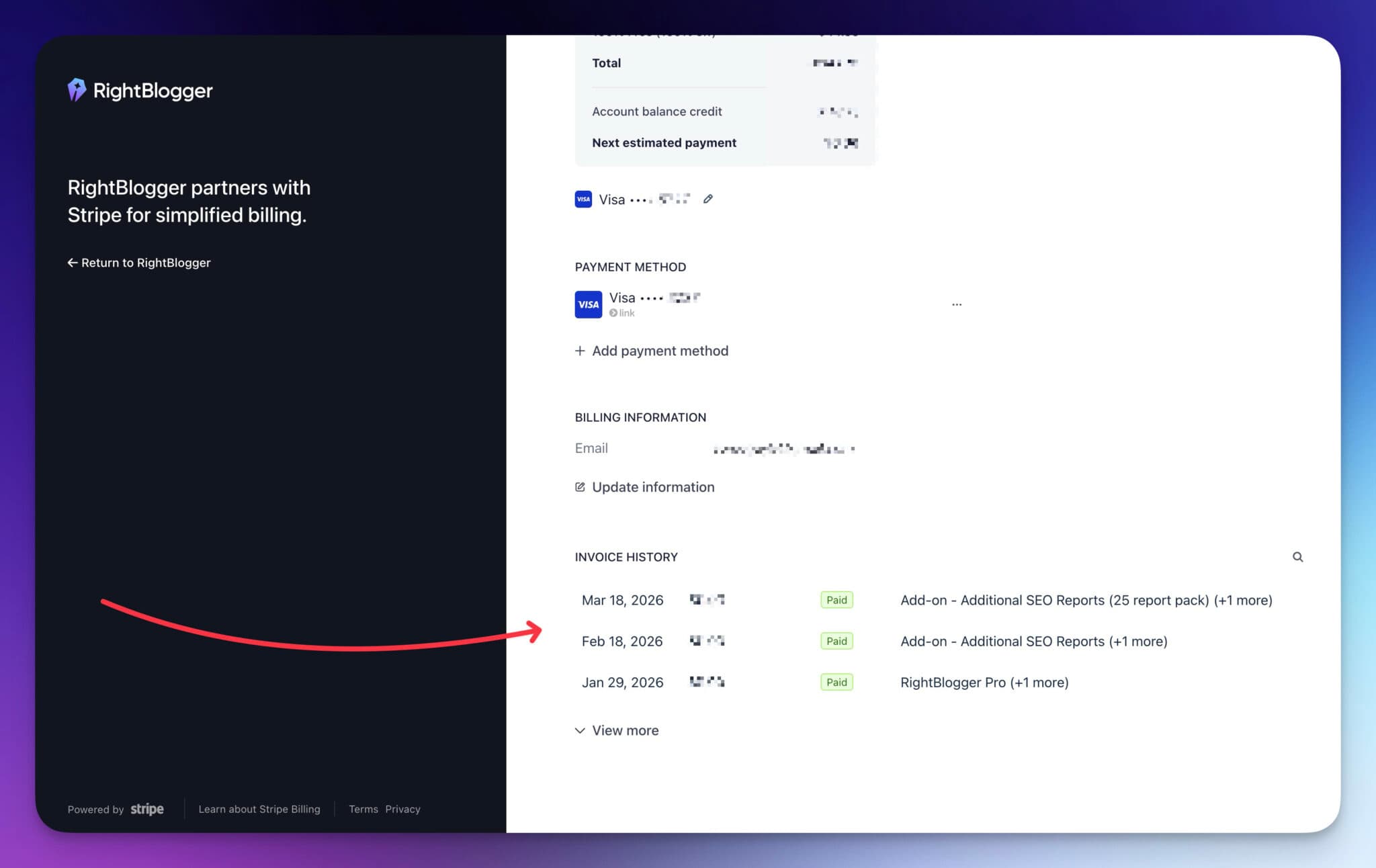 Viewing invoices in RightBlogger