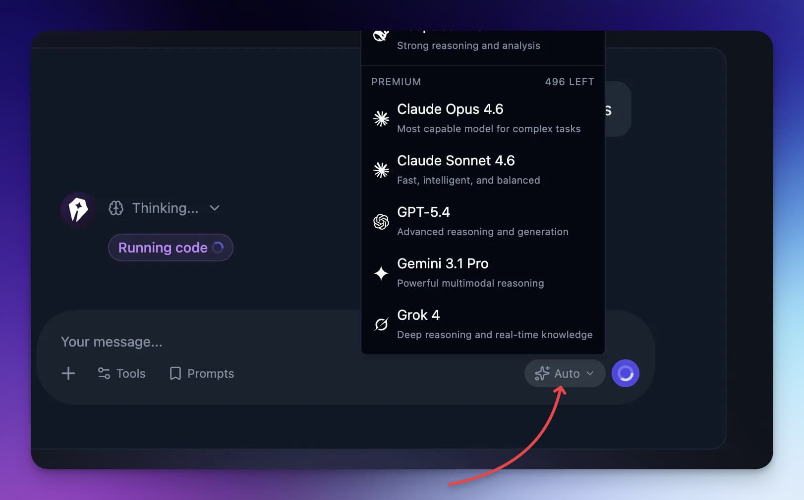RightBlogger Chat model picker showing available AI models