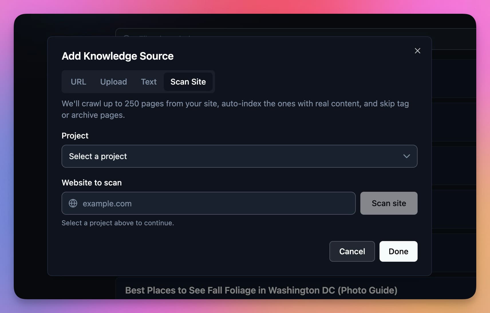 Project Knowledge Scan Site tab in RightBlogger