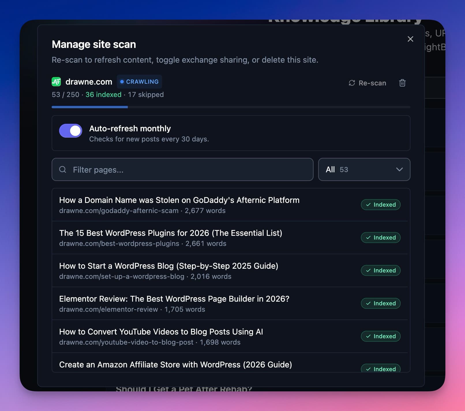 RightBlogger Site Scan — main scan screen showing crawled pages
