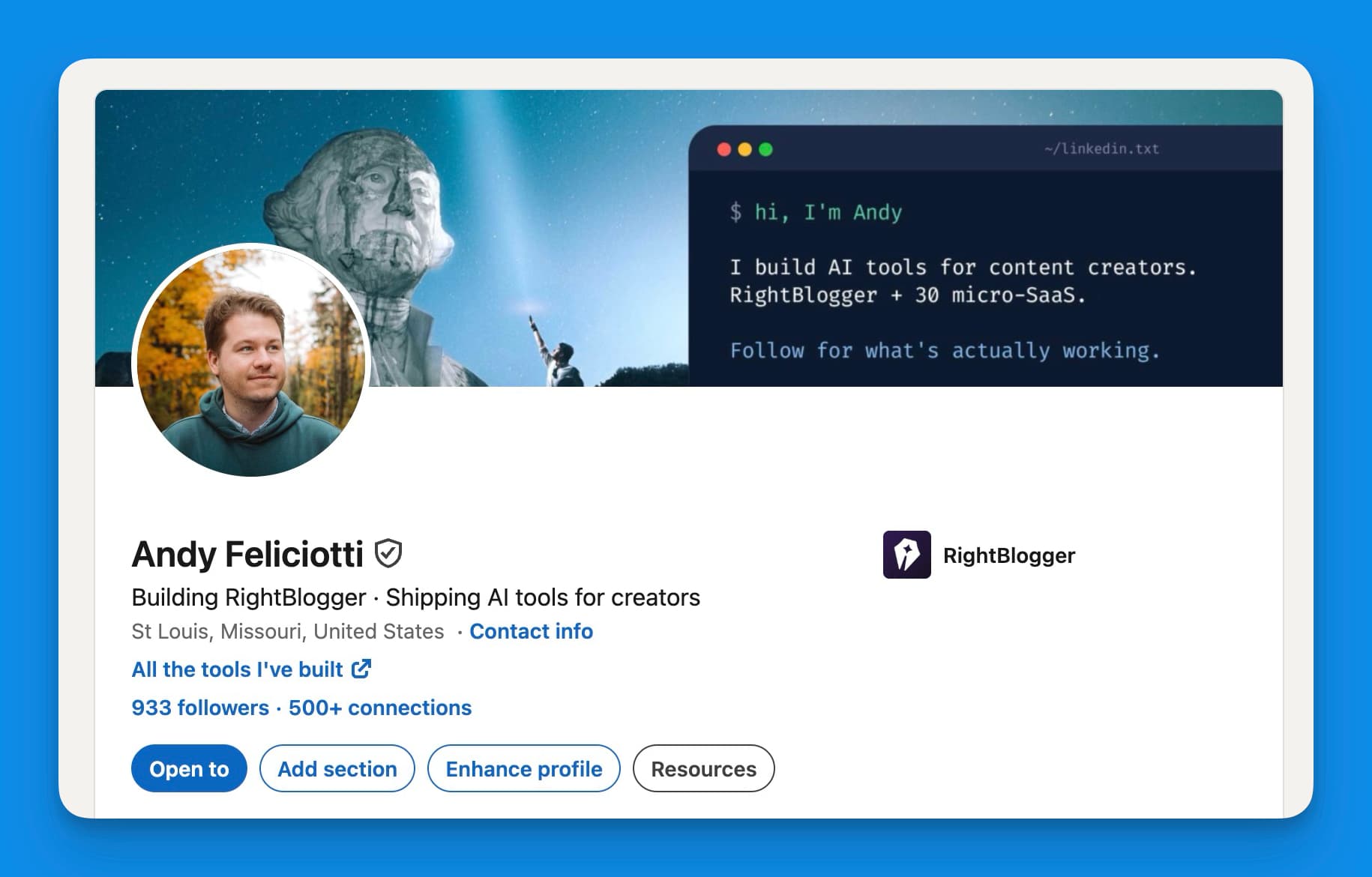 Example of my LinkedIn profile