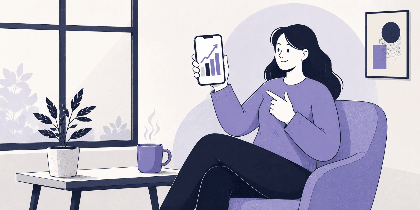 Illustration of a woman showing mobile analytics growth on a smartphone.