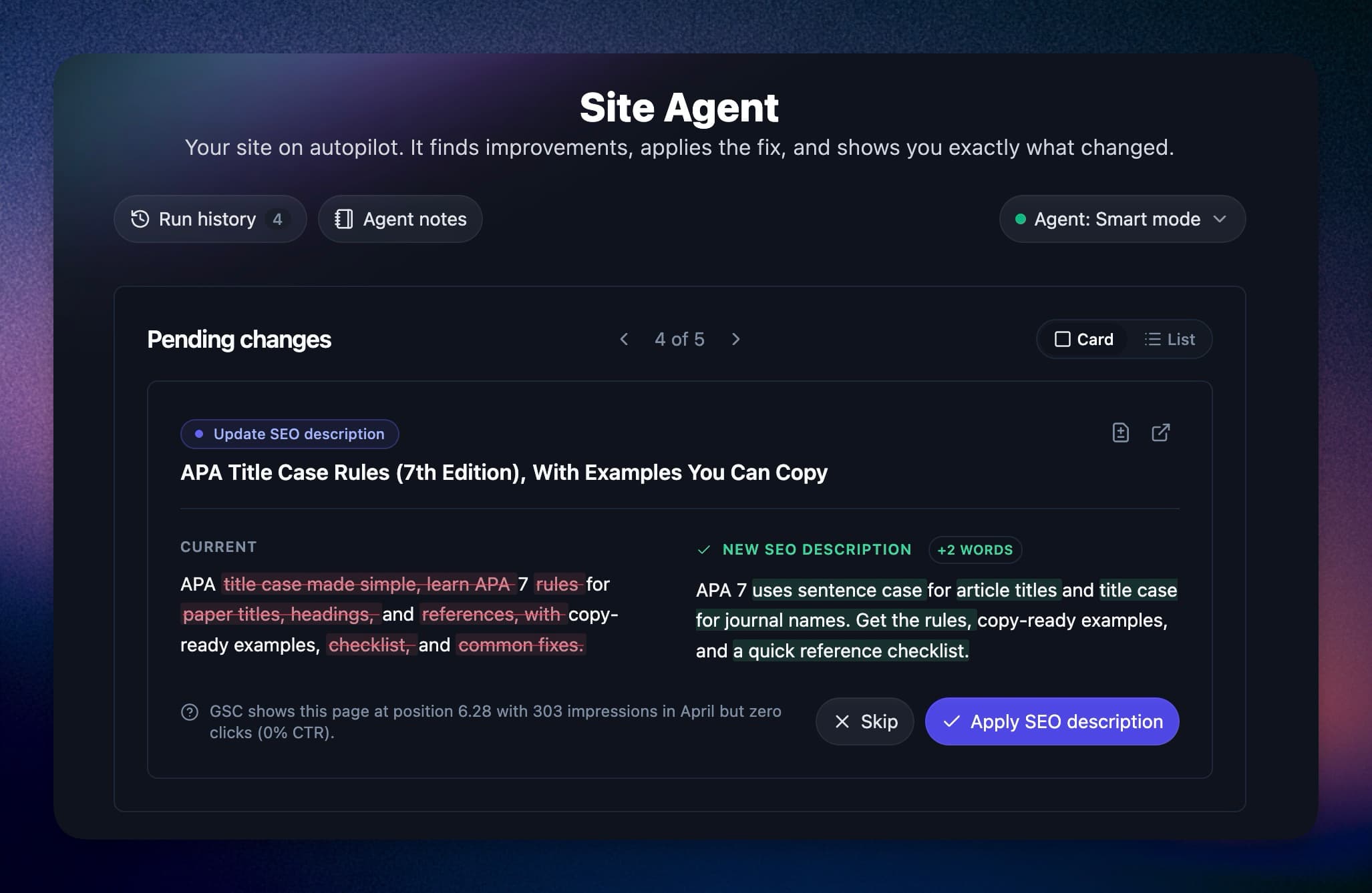 The Site Agent pending changes view showing a suggested SEO description update with a before and after comparison and Skip or Apply buttons