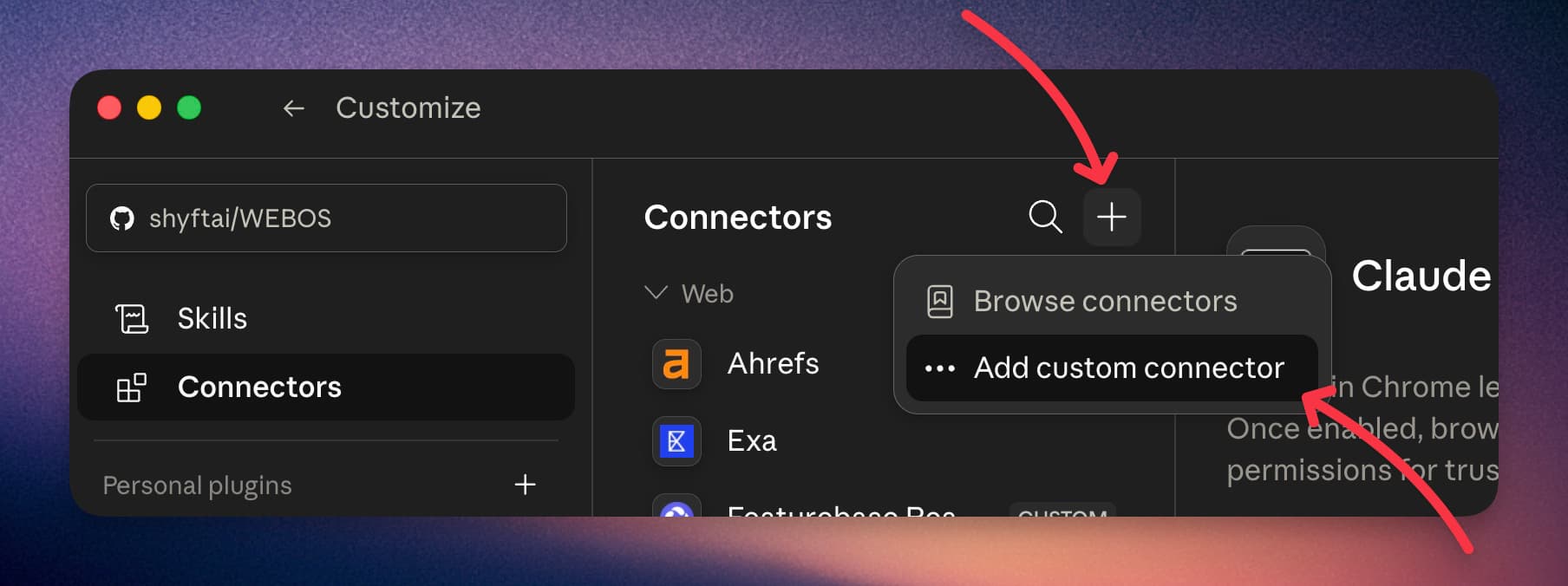 Claude Customize Connectors panel with the Add custom connector option open.