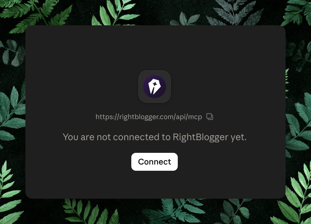RightBlogger connector in Claude showing a Connect button before authorization.