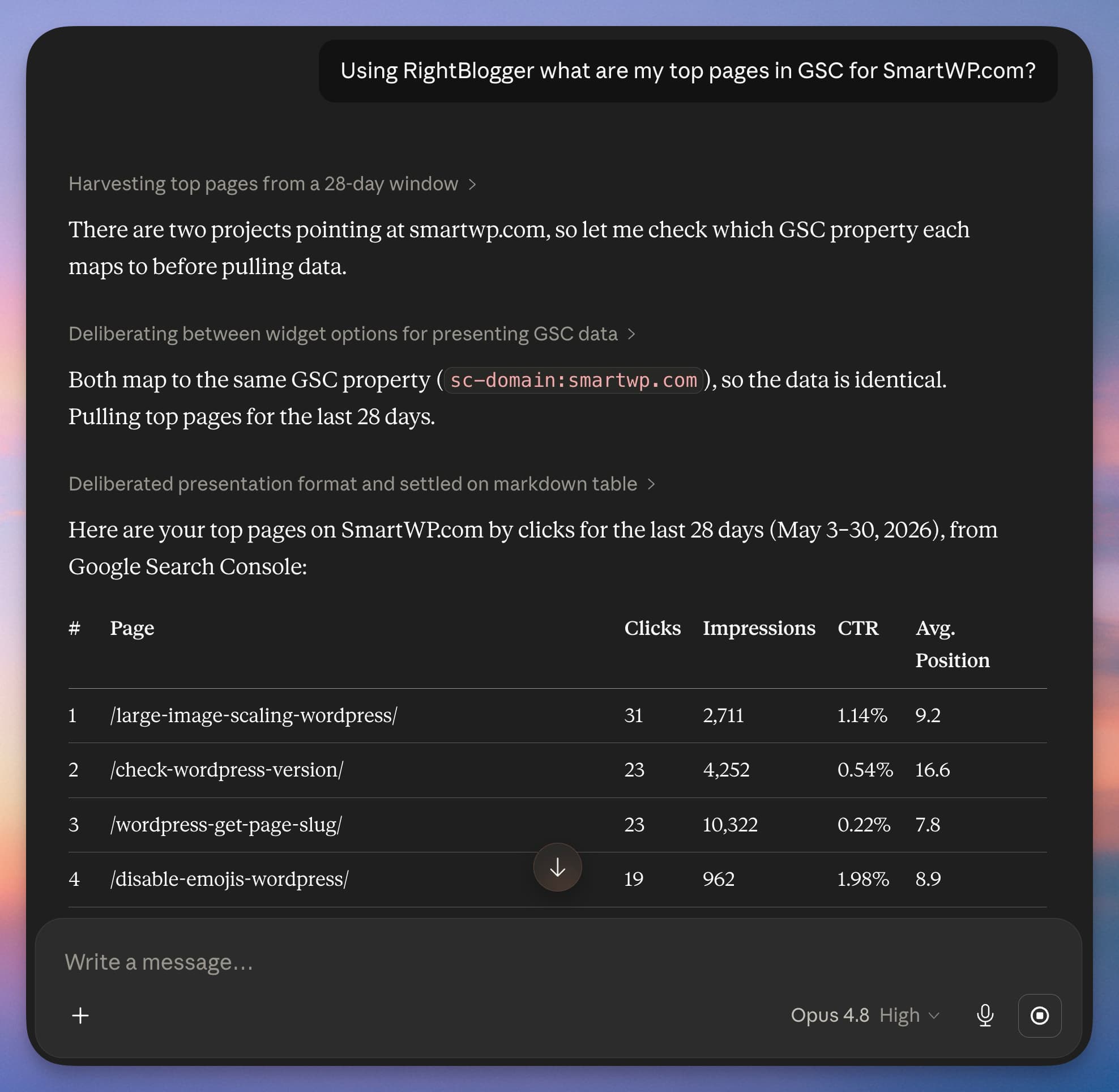 Claude using RightBlogger to return top Search Console pages with clicks, impressions, CTR, and position.