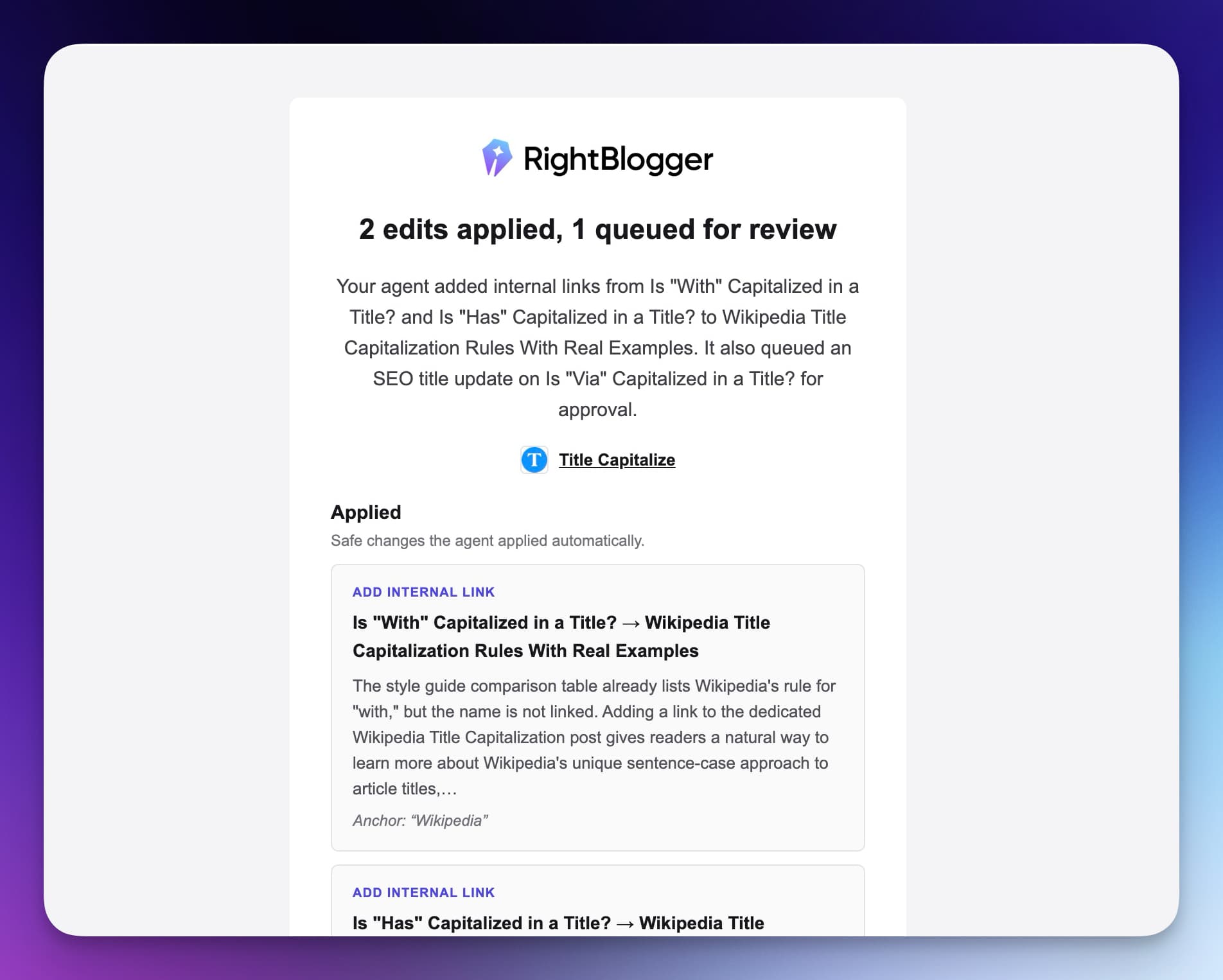 AI SEO agent suggestions email