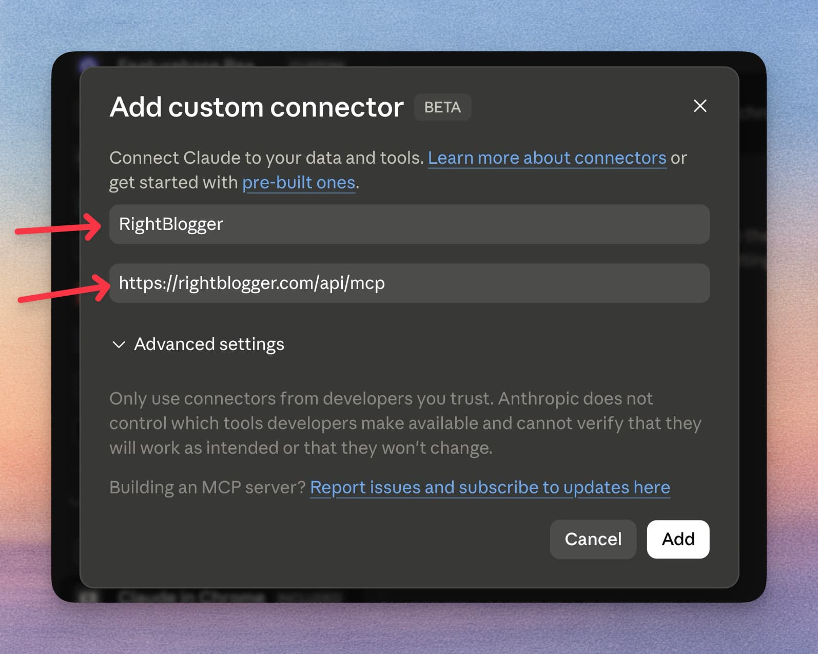 Claude Add custom connector dialog with RightBlogger and the MCP URL entered.