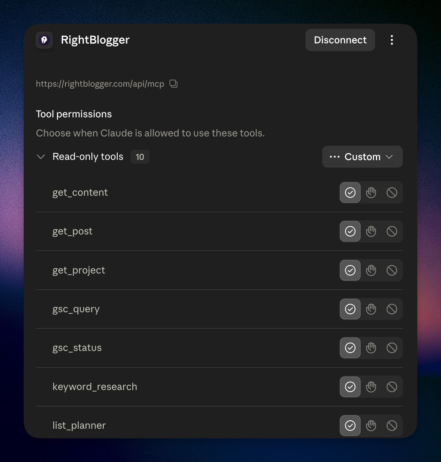 RightBlogger tool permissions in Claude listing read-only tools like gsc_query and keyword_research.