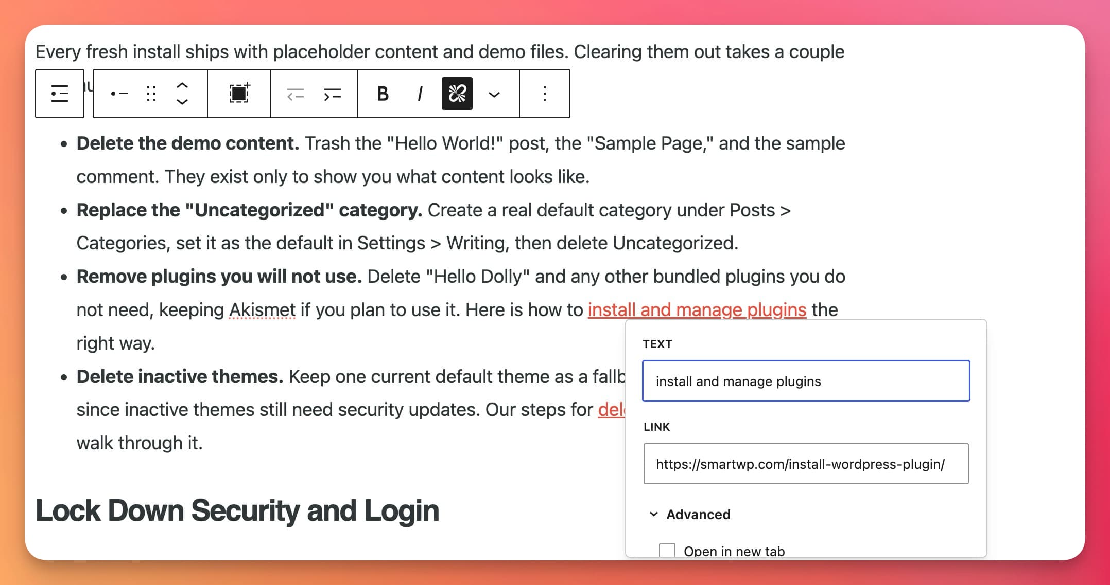 WordPress block editor link popover adding a link to words already in a sentence