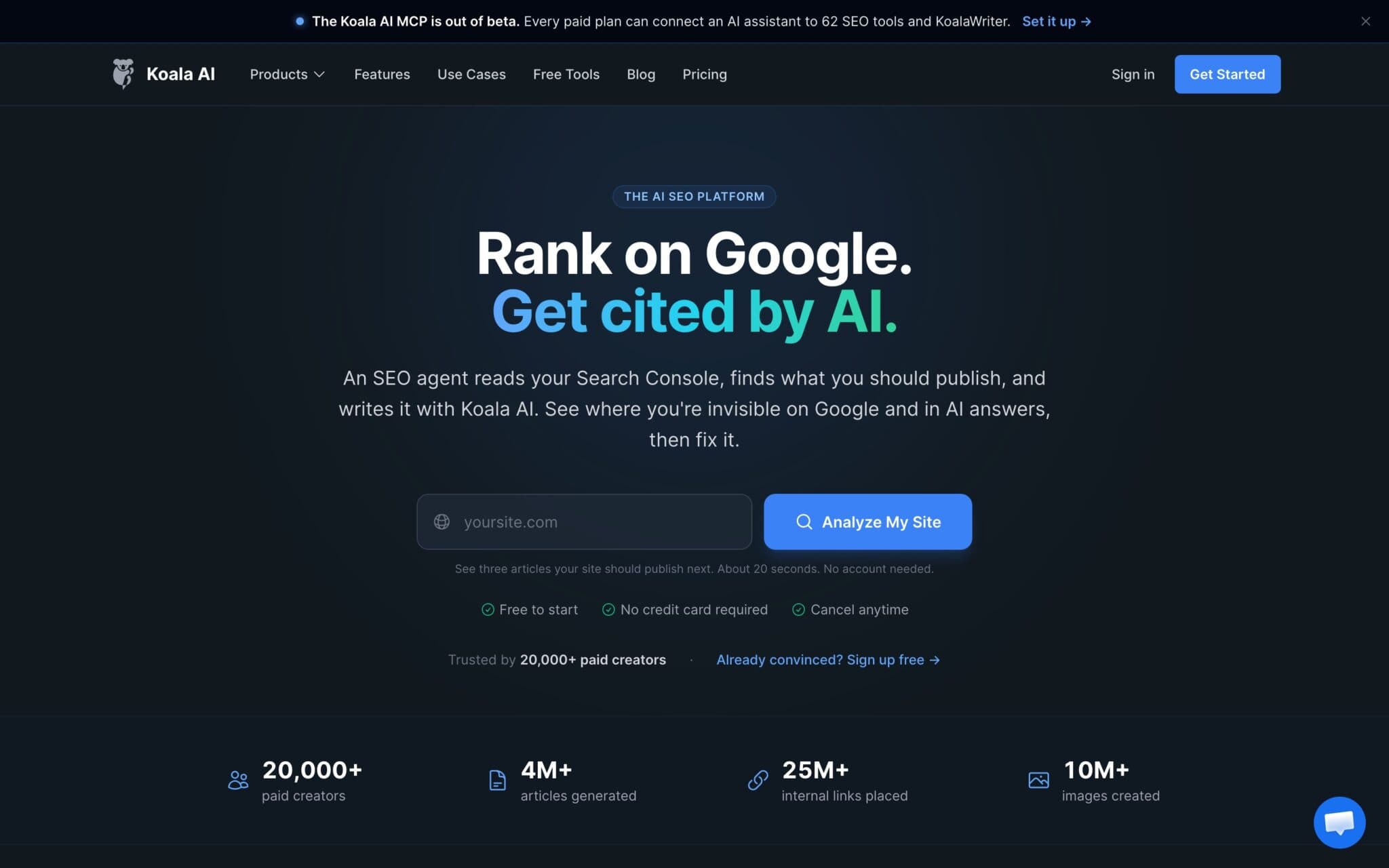 Koala AI homepage: Rank on Google. Get cited by AI.