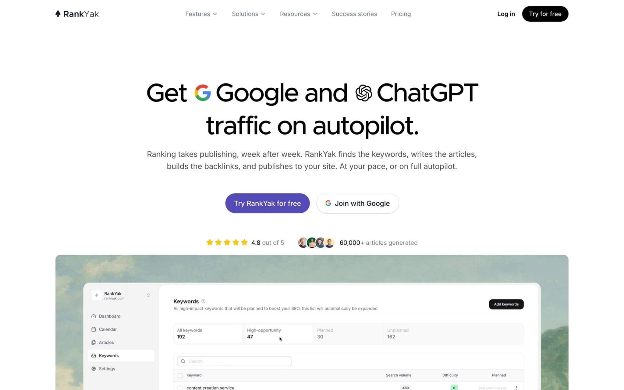 RankYak homepage: Get Google and ChatGPT traffic on autopilot