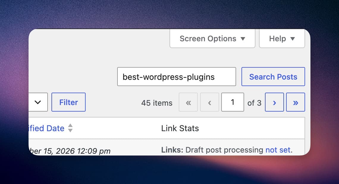 WordPress Posts screen with a post slug typed into the Search Posts box and the number of matching posts shown