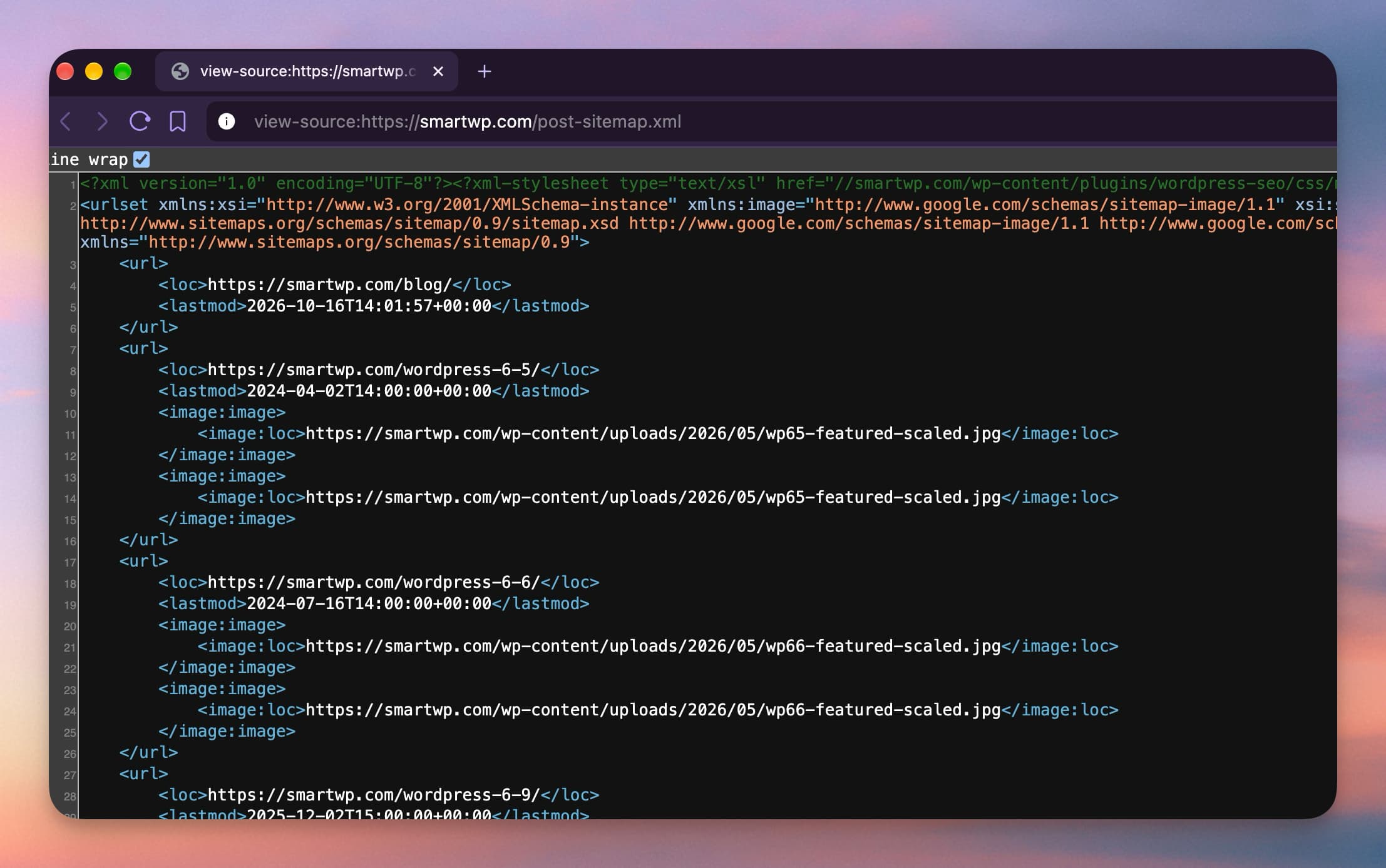 A WordPress post sitemap opened in a browser, listing each post URL inside loc tags